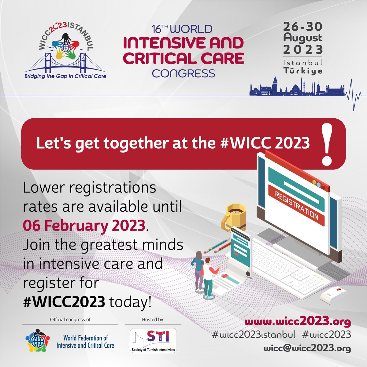 wicc2023's tweet photo. ℹ️ Let's get together at the #WICC 2023
Lower registrations rates are available until 06 February 2023. Join the greatest minds in intensive care and register for #WICC2023 today!
🌎 Register now: https:wicc2023/registration

#ICU #IntensiveCare #TogetherICU #WeAreICU https://t.co/3mcWYnUbWa