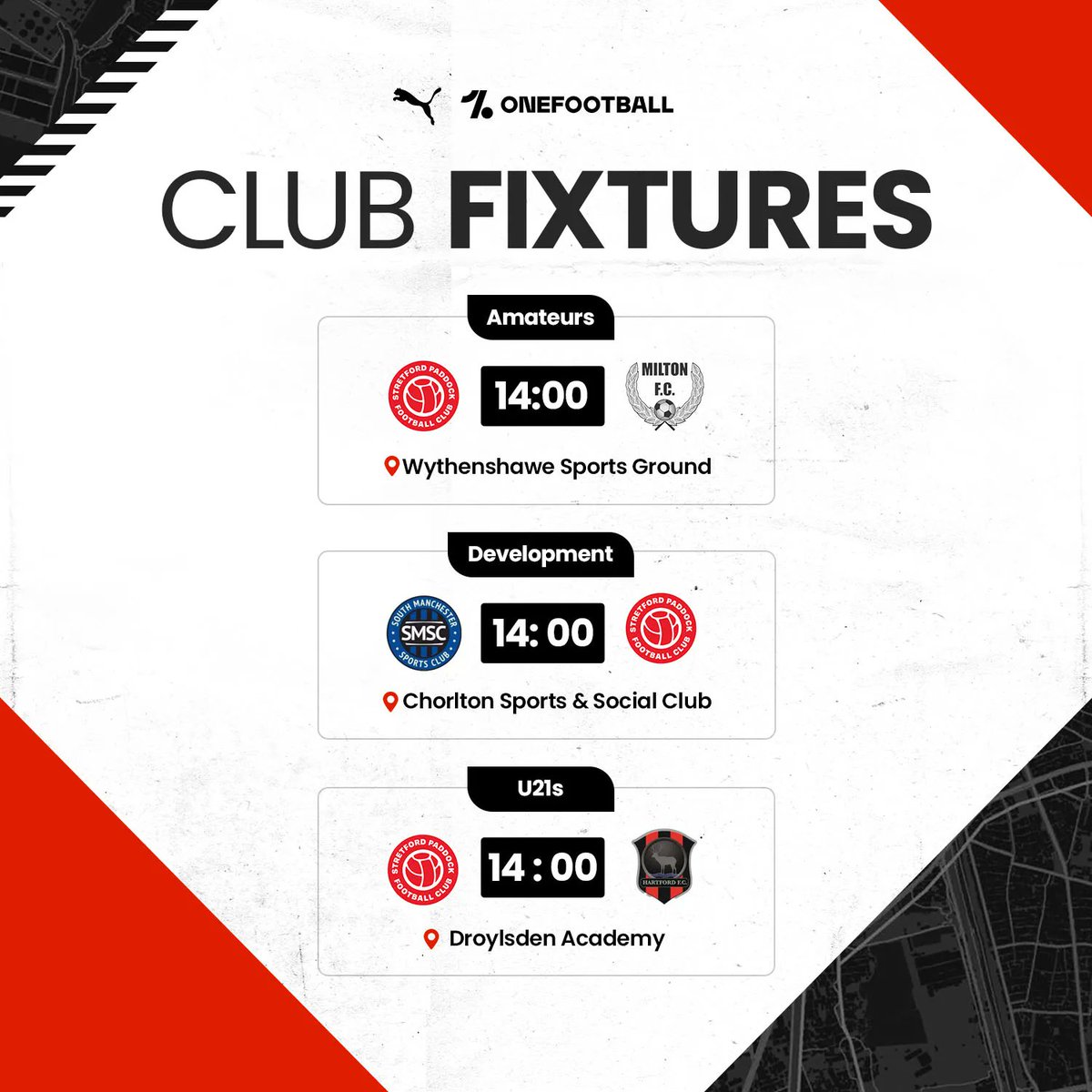 🚨𝗖𝗹𝘂𝗯 𝗙𝗶𝘅𝘁𝘂𝗿𝗲𝘀 🚨 

Here are our other teams fixtures this weekend

𝗔𝗠𝗔𝗧𝗘𝗨𝗥𝗦 26 Nov, 2PM, Wythenshawe Sports Ground, M23 0BD

𝗗𝗘𝗩𝗘𝗟𝗢𝗣𝗠𝗘𝗡𝗧 26 Nov, 2PM, Chorlton Sports &amp; Social Club, M21 7BL

𝗨𝟮𝟭𝗦 27 Nov, 2PM, Droylsden Academy, M43 6QD