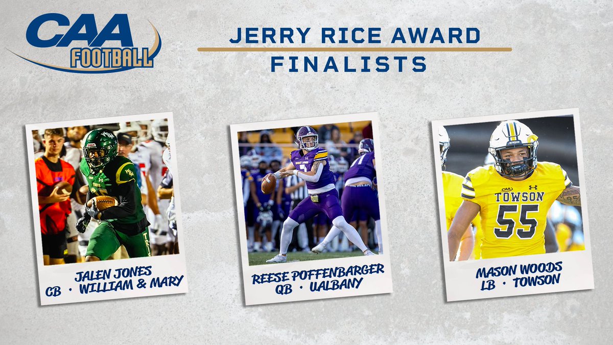 🏈 @WMTribeFootball cornerback Jalen Jones, @UAlbanyFootball quarterback Reese Poffenbarger and @Towson_FB linebacker Mason Woods are among 25 finalists for the Jerry Rice Award, which is presented to the national Freshman Player of the Year 📰 bit.ly/3EWMKqI
