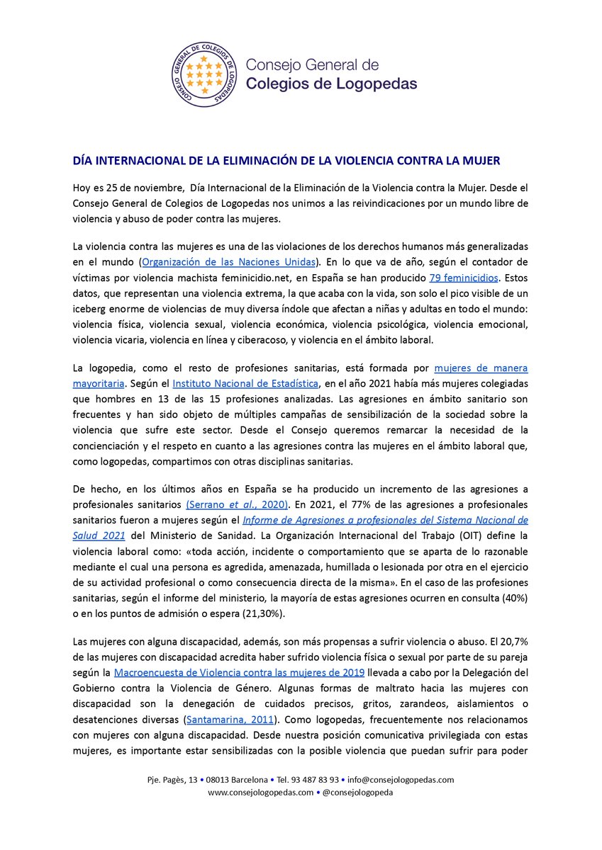 consejologopeda's tweet photo. Hoy es 25 de noviembre,  Día Internacional de la Eliminación de la Violencia contra la Mujer. Desde el Consejo General de Colegios de Logopedas nos unimos a las reivindicaciones por un mundo libre de violencia y abuso de poder contra las mujeres.🟣 #25Nov #25N2022 #25Noviembre https://t.co/eHizM75sDX