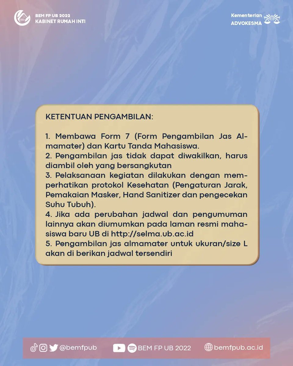 [Warta Advokesma : Pengumuman Pengambilan Jas Almamater bagi Mahasiswa Tahun Akademik 2020 dan 2021 Jenjang D3, D4, dan S1] 

Halo Maperta!

Ada informasi pengumuman mengenai pengambilan jas almamater bagi mahasiswa Universitas Brawijaya.