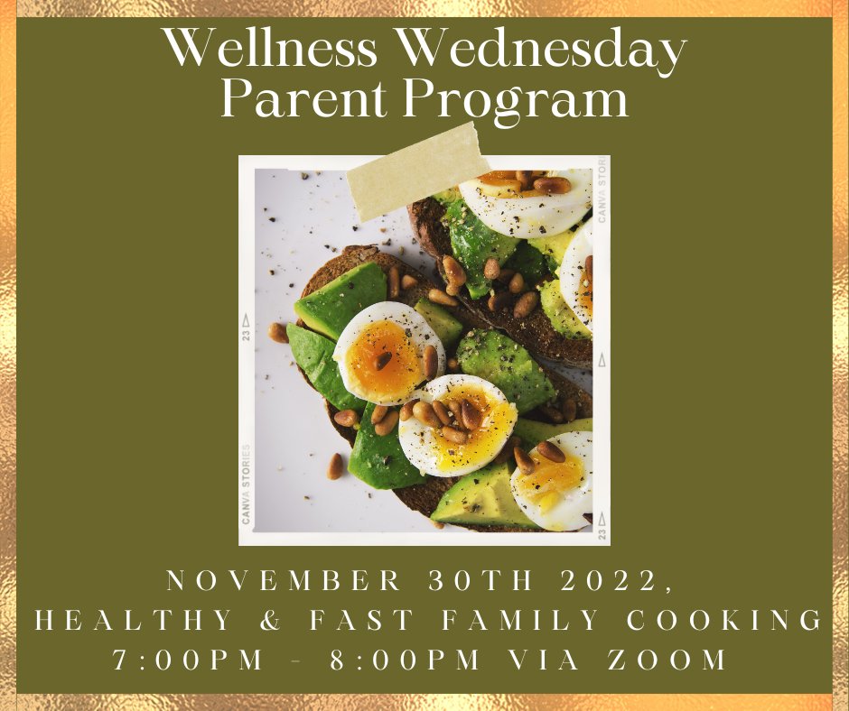WP Youth Programs (@wpyouthprograms) on Twitter photo This month's Wellness Wednesday Parent Program is almost here! Don't miss out, register now for our FREE workshop on Nov. 30th at 7pm via Zoom, the topic is: Healthy & Fast Family Cooking.
Register today: tinyurl.com/p529s4hj
For more info, email marzanol@wpunj.edu This month's Wellness Wednesday Parent Program is almost here! Don't miss out, register now for our FREE workshop on Nov. 30th at 7pm via Zoom, the topic is: Healthy & Fast Family Cooking.
Register today: tinyurl.com/p529s4hj
For more info, email marzanol@wpunj.edu