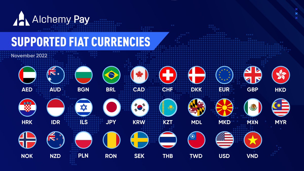 PRODUCT UPDATE! You can buy crypto with your local currency via MasterCard &amp; Visa in 173 countries - AND we also support 29 fiat currencies directly! 27 are also supported for remittance to banks 

Try it here: ramp.alchemypay.org/#/

#AlchemyPay $ACH #FiatOnramp #PaymentGateway