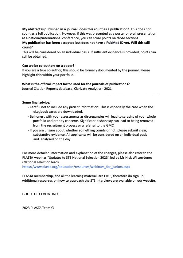 📢 CHANGES TO 2023 ST3 NATIONAL SELECTION 

PLASTA FAQs 🗣️

Following our ST3 webinar, we have compiled the following document  to help clarify a commonly asked questions further. 

Good luck to all prospective applicants! 🍀 

Access here 👉 plasta.org/news/43/st3_na…