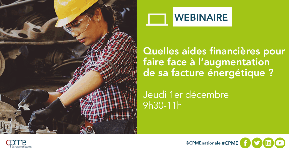#Webinaire 💻 | Crise énergétique : #TPE #PME, de quelles aides pouvez vous bénéficier &amp; sous quelles conditions ?

Jérôme Nowak <a href="/DGEntreprises/">Direction générale des Entreprises</a> Anne-Laure Lagadec <a href="/dgfip_officiel/">Direction générale des Finances publiques</a> &amp; Morgane Weill <a href="/Economie_Gouv/">Ministère de l'Économie et des Finances</a> répondront à toutes vos questions le 1/12.

▶️ cpme.fr/agenda/prochai…