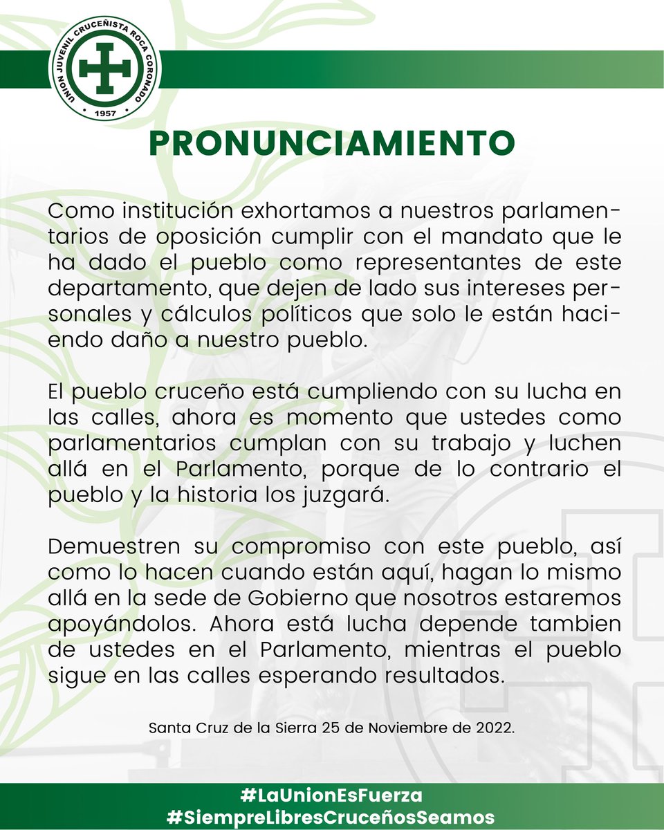 unionjuvenilsc's tweet photo. Hacemos un llamado a todas las fuerzas políticas que representan a nuestro departamento a que unan esfuerzos y agotemos todas las instancias democráticas para garantizar un Censo justo y transparente.

#CensoYa #ParoIndefinidoScz #LaUniónEsFuerza #SiempreLibresCruceñosSeamos https://t.co/n2Fr9GJDn7