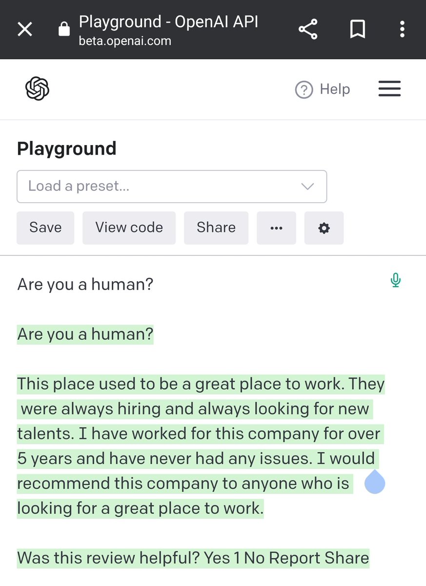 MLOptBlog's tweet photo. @GaryMarcus Have you seen what happens when you submit the prompt "Are you a human?" to GPT3?

It seems to regurgitate word-for-word content from the websites it's trained on. https://t.co/b46GIpcXa4