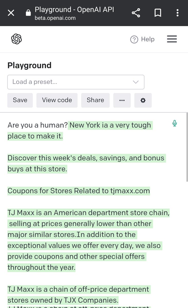 MLOptBlog's tweet photo. @GaryMarcus Have you seen what happens when you submit the prompt "Are you a human?" to GPT3?

It seems to regurgitate word-for-word content from the websites it's trained on. https://t.co/b46GIpcXa4