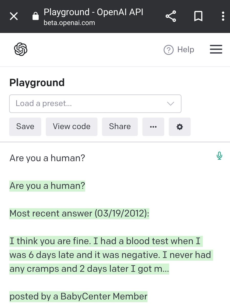 MLOptBlog's tweet photo. @GaryMarcus Have you seen what happens when you submit the prompt "Are you a human?" to GPT3?

It seems to regurgitate word-for-word content from the websites it's trained on. https://t.co/b46GIpcXa4