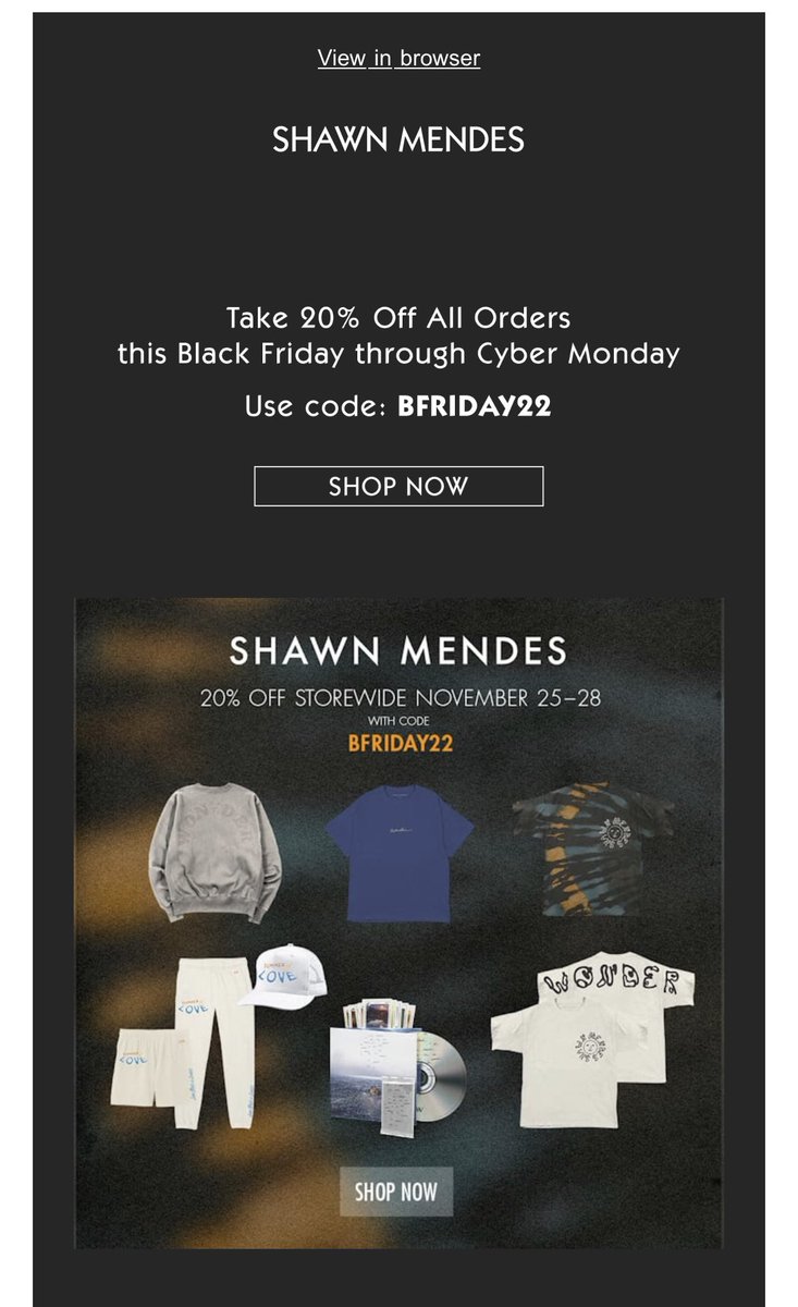 📲 | Shawn’s official store on his website is having a 20% discount on merch for Black Friday weekend! 

🔗: shop.shawnmendesofficial.com