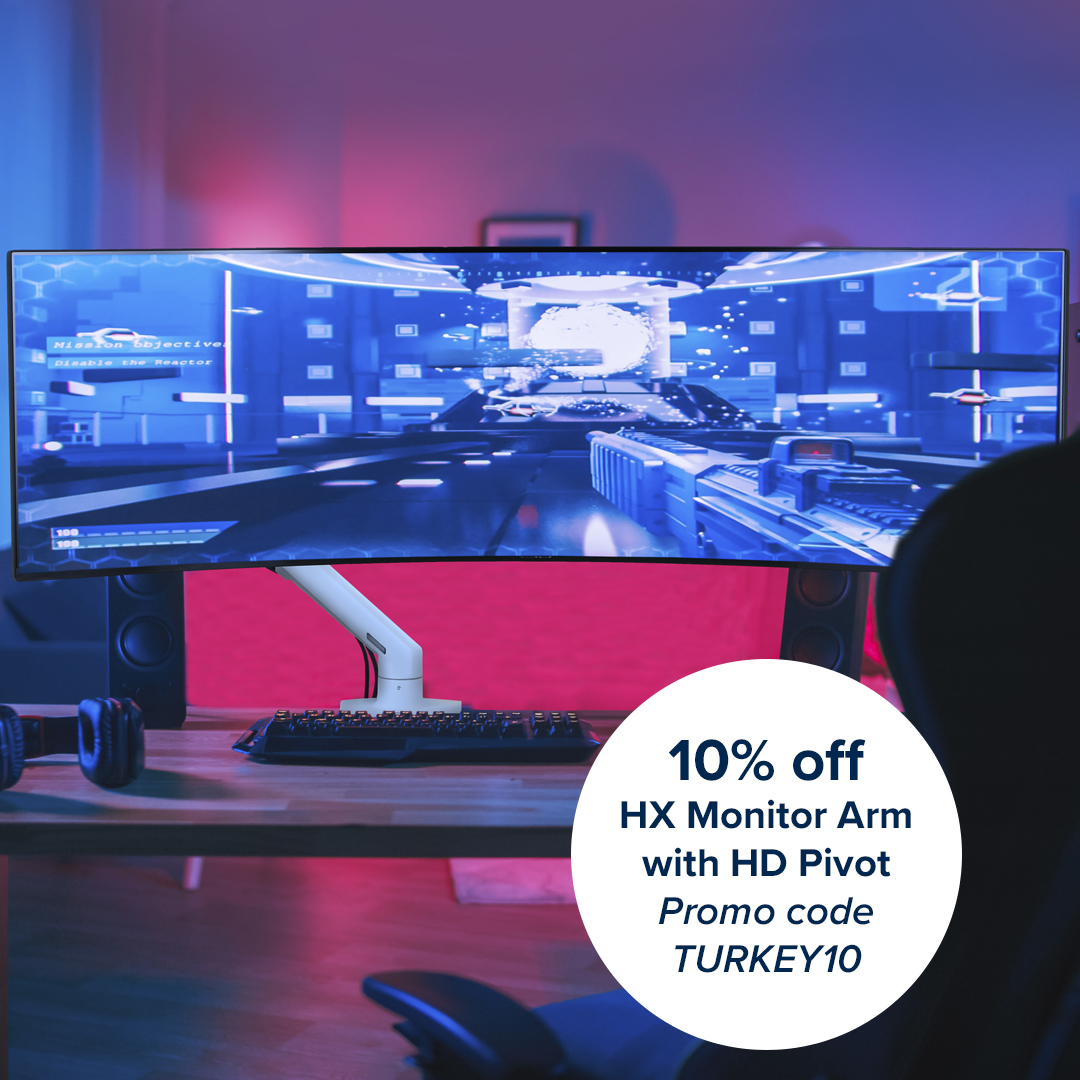 Today, #BlackFriday, save on our bestselling HX Desk Monitor Arm with HD Pivot.

Use code TURKEY10 for 10% off: bit.ly/3OwmOVT

This sturdy arm was designed to support #ultrawide monitors with a deep curve, like the Neo G9 and Odyssey G9 #gaming monitors from Samsung.