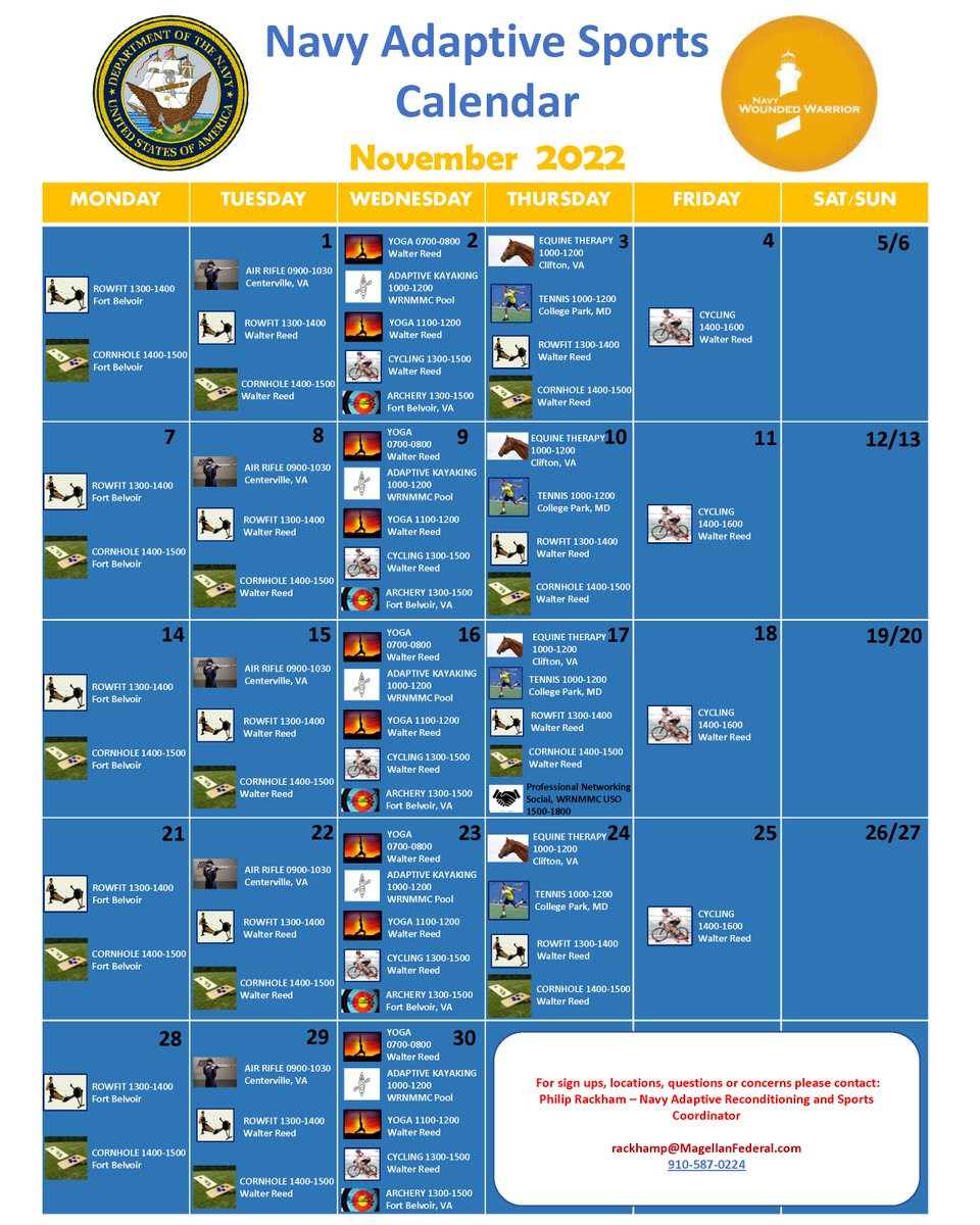 November is a great time for an adventure 🌞 🍁 🍂
Join #MASP to engage in great adaptive activities and stay connected to other recovering service members, caregivers, and families. Check out MASP’s November calendars to find activities to participate in! bit.ly/3AVXstm