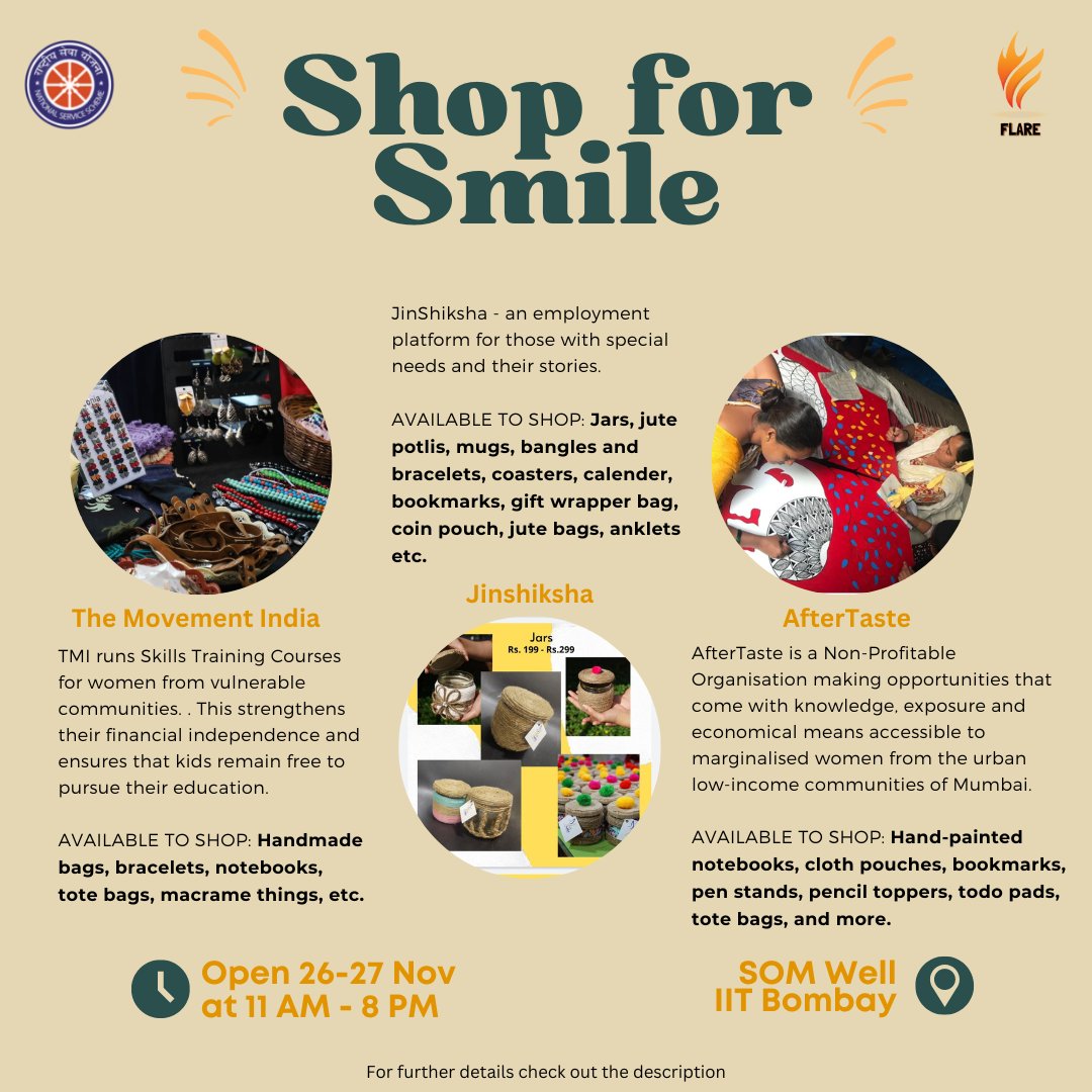 nss_iitb's tweet photo. "This weekend, NSS IIT-B brings you "shop for smile," where you could shop from the NGOs LCCWA , Vidya, The Movement India, , Goonj , IIT Women Entrepreneurs , Jinshikha , After Taste , Sparsha. There are here to showcase their beautiful handmade work.

#nssiitb #iitb #flare https://t.co/K8qKP8rmlk