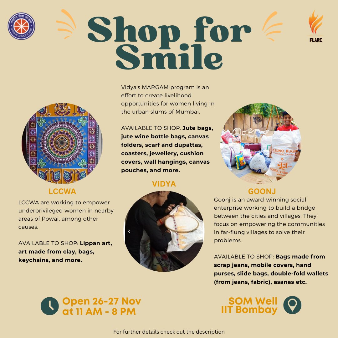 nss_iitb's tweet photo. "This weekend, NSS IIT-B brings you "shop for smile," where you could shop from the NGOs LCCWA , Vidya, The Movement India, , Goonj , IIT Women Entrepreneurs , Jinshikha , After Taste , Sparsha. There are here to showcase their beautiful handmade work.

#nssiitb #iitb #flare https://t.co/K8qKP8rmlk