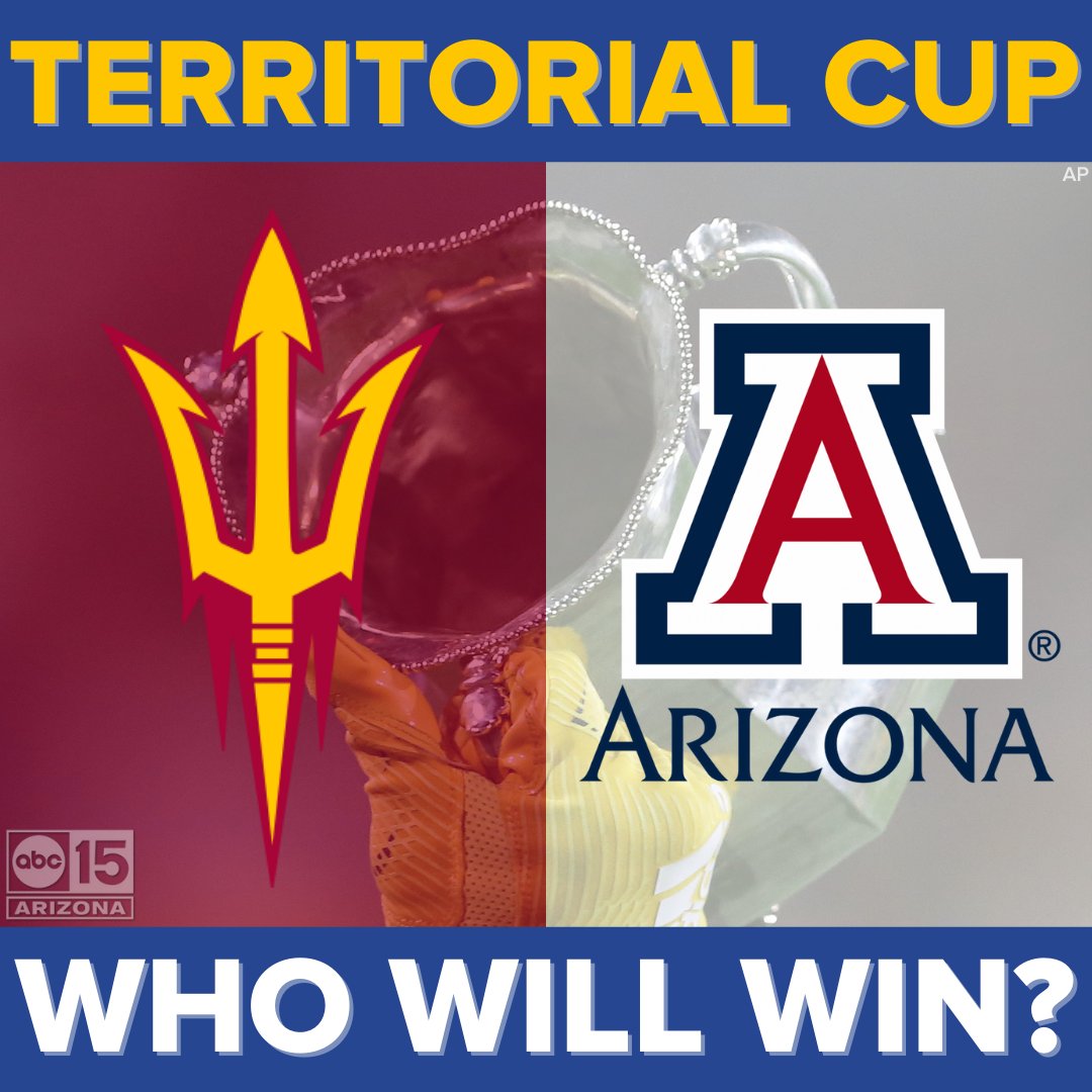 abc15's tweet photo. The Sun Devils are headed to Tucson to take on the Wildcats today for the 96th Territorial Cup game! ASU has won the last several years...but who will take home the Territorial Cup in 2022?! https://t.co/PUp2BepE7X