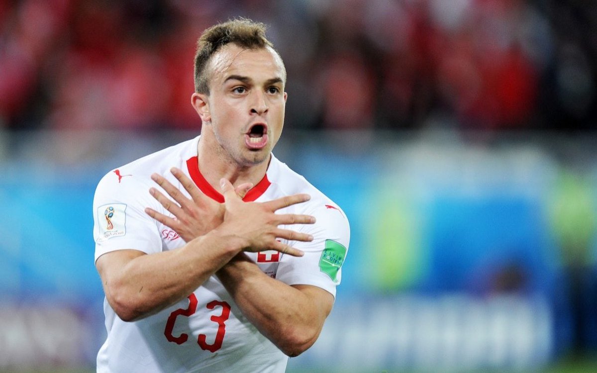 Shpend_Lila's tweet photo. So, FIFA bans Albanian players from using the double headed eagle goal celebration, but does not yet ban Serbian hate gesture and their promotion of ethnic cleansing, chauvinism and genocide. The double standard to end all double standards. This is disturbing @FIFAWorldCup 👎 https://t.co/lYAQF6EG0T
