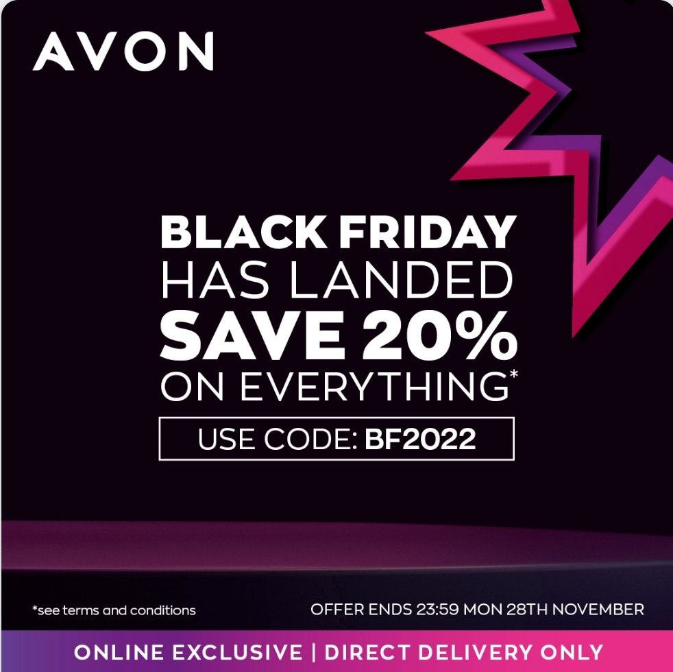 EmmaTheAvonRep's tweet photo. With 20% off everything this Black Friday you can stock up on your faves and tick loved ones off your gift list!
Free delivery on orders £25+
Get saving now with code: BF2022 🚀
#BlackFriday #BlackFridaySale #Beauty #Avon #Gifting #GiftSets
https://t.co/90Gas16Cm4 https://t.co/FnkcGG8Wre