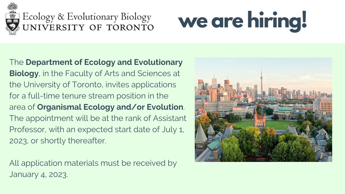 University of Toronto EEB (@eebtoronto) on Twitter photo 🔬 NOW HIRING! <a href="/eebtoronto/">University of Toronto EEB</a> invites applications for a full-time tenure stream position in the area of Organismal Ecology and/or Evolution.
Applications are due January 4, 2023.
Learn more at uoft.me/eeborg
Please share widely! 🔬 NOW HIRING! <a href="/eebtoronto/">University of Toronto EEB</a> invites applications for a full-time tenure stream position in the area of Organismal Ecology and/or Evolution.
Applications are due January 4, 2023.
Learn more at uoft.me/eeborg
Please share widely!