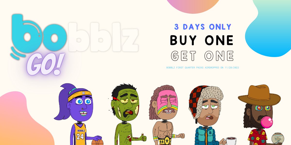 🎁 Massive 3-Day Event🎉 

Celebrating Black Friday weekend, take advantage of our BOGO offer!

For every pack minted, running through Sunday, <a href="/hellodapper/">Dapper</a> wallets will be airdropped a sealed pack on Monday, November 28th! (1:1)

Ends 11/27/2022 at 11:59PM EST
<a href="/flow_blockchain/">Flow.com</a>