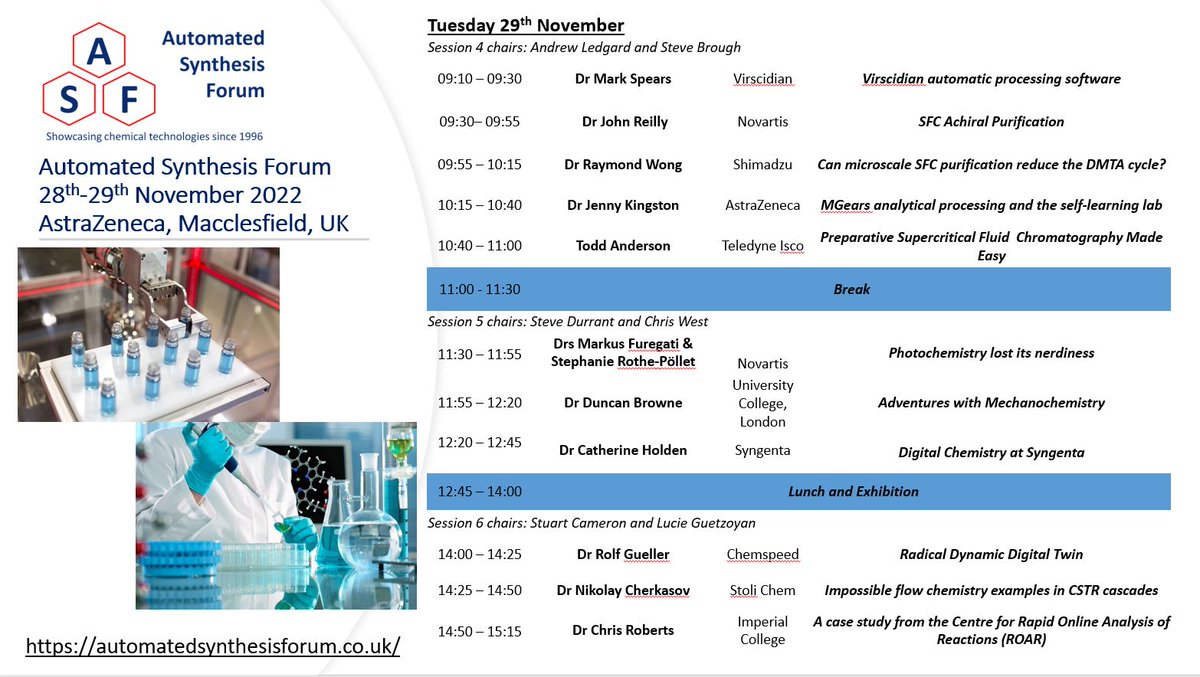 This year's Automated Synthesis Forum is taking place at AstraZeneca in Macclesfield on Monday 28th &amp; Tuesday 29th November. The agenda, for what promises to be 2 fantastic days of the latest chemistry innovations, is attached below. #ASF2022 #chemtwitter