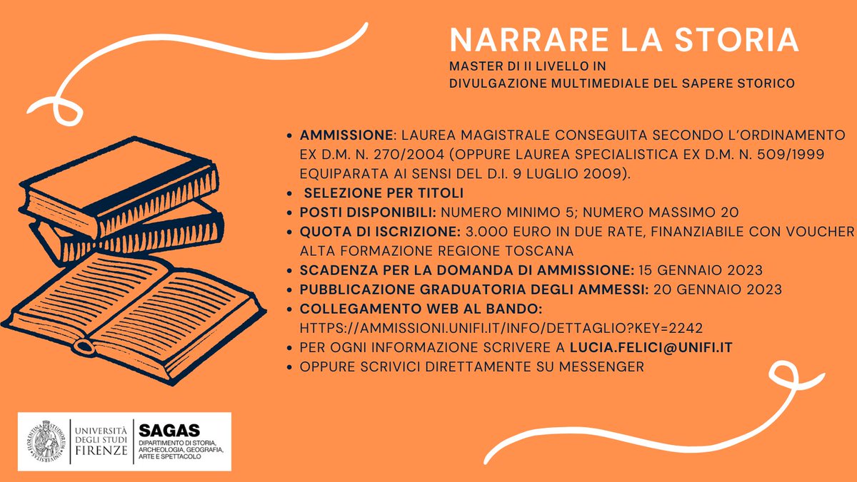 la_unifi's tweet photo. Iscrizioni aperte alla nuova edizione di: 
"Narrare la Storia"
Master di II Livello in Divulgazione Multimediale del Sapere Storico
Ai seguenti link potete trovare la scheda informativa e il piano di studi:
https://t.co/1lGl9noekb...
https://t.co/1lGl9noekb...

@UNI_FIRENZE https://t.co/Lzw70lwraO