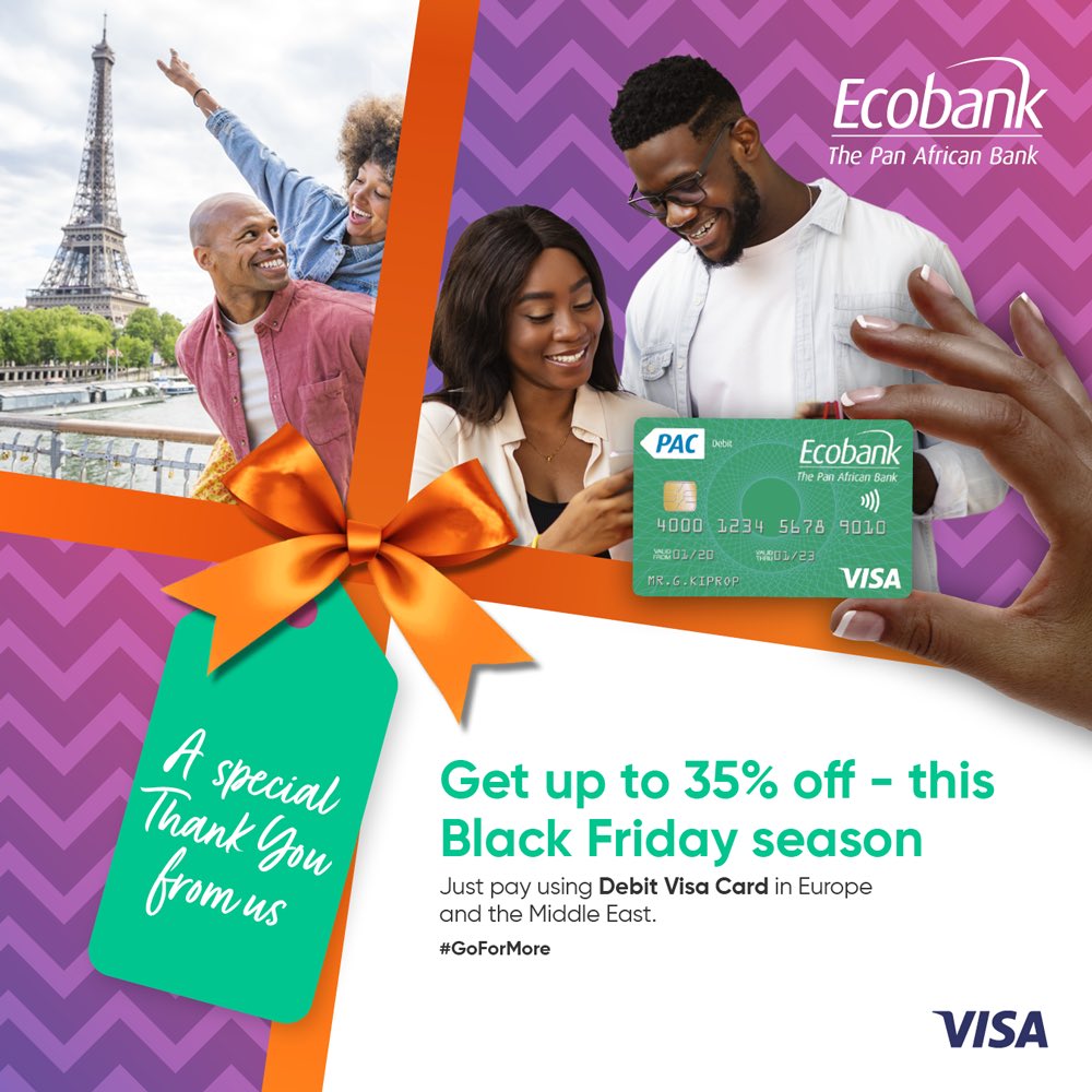 EcobankUganda's tweet photo. It’s bigger and better this Black Friday. #EnjoyMore and #RelaxMore on your trip in Middle East or Europe by using the Ecobank debit Visa card and get enjoy 35% discount. 

#GoForMore
#UgWeGo https://t.co/CbdIEGlwoi