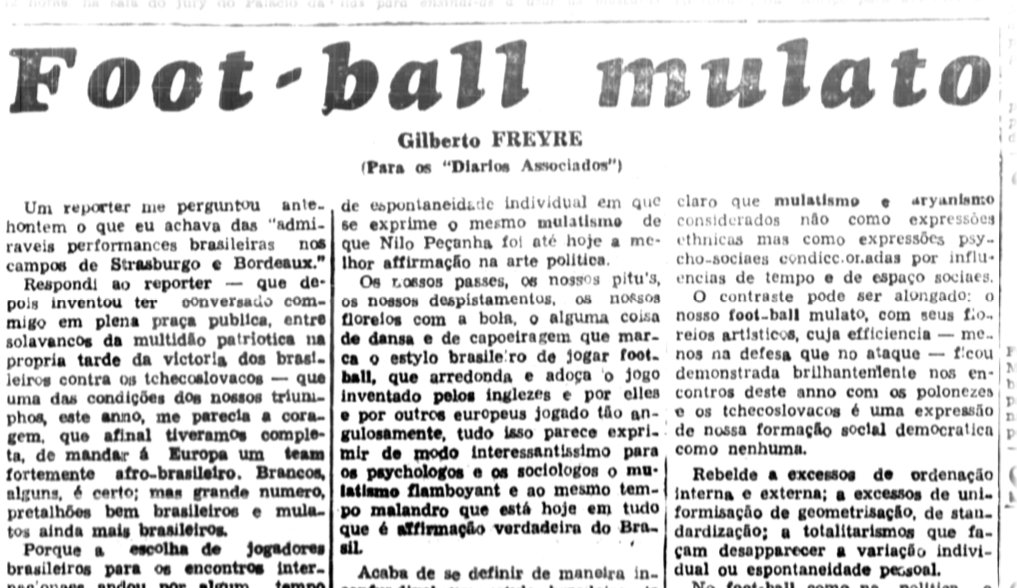 Manchete do texto Football Mulato de Gilberto Freyre. 