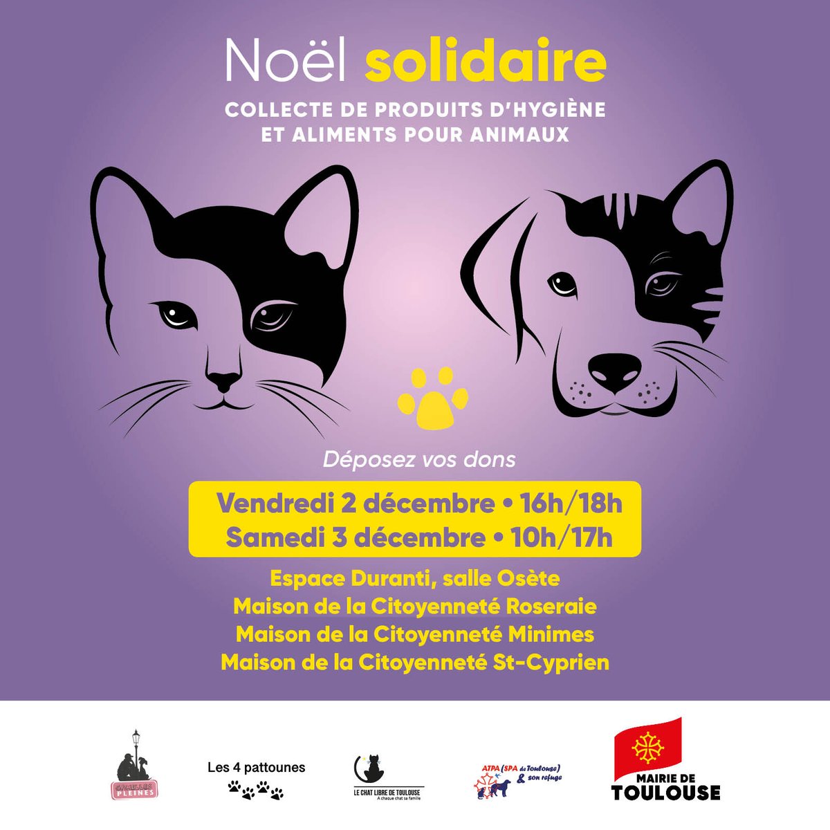 Toulouse's tweet photo. 🐶 La Mairie de #Toulouse organise, avec des associations de défense des animaux, une collecte solidaire d'alimentation et de produits d'hygiène animale 👉🏻 https://t.co/YMk6qxhsDf https://t.co/e9HpAJAOAX