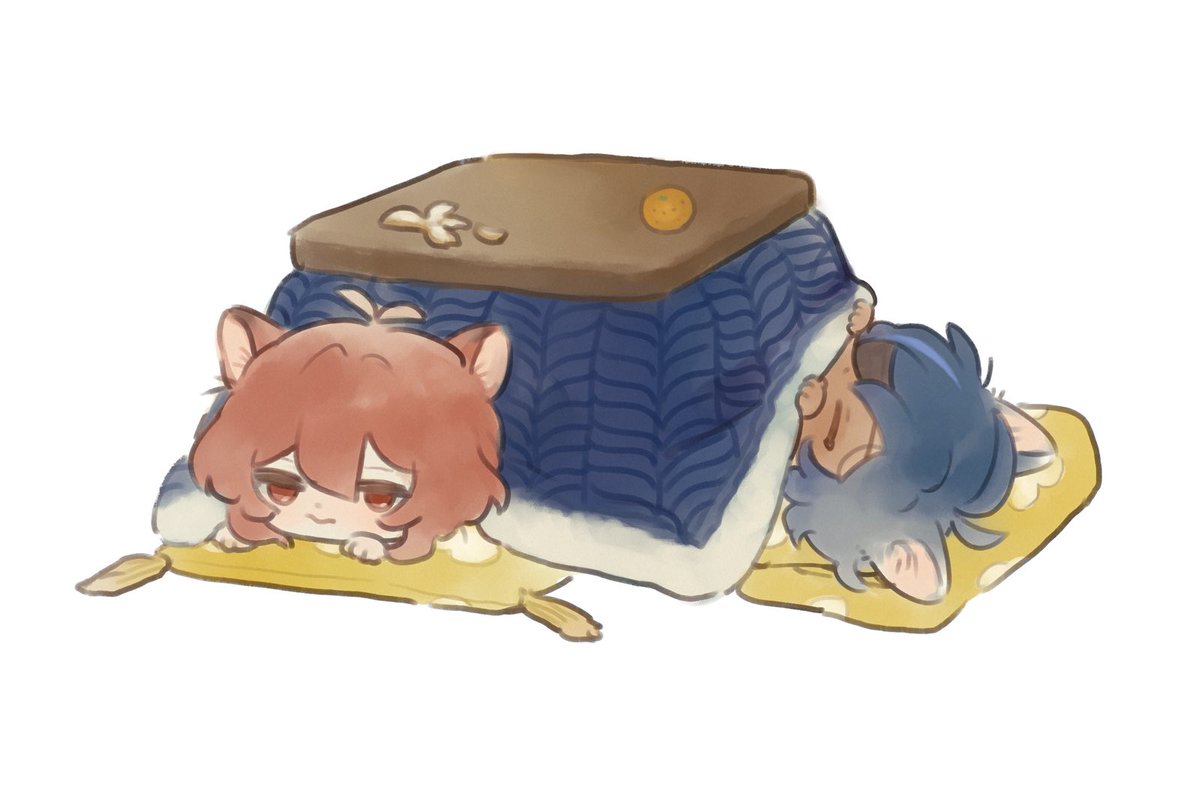 diluc (genshin impact) ,kaeya (genshin impact) multiple boys 2boys animal ears blue hair male focus dark-skinned male kotatsu  illustration images