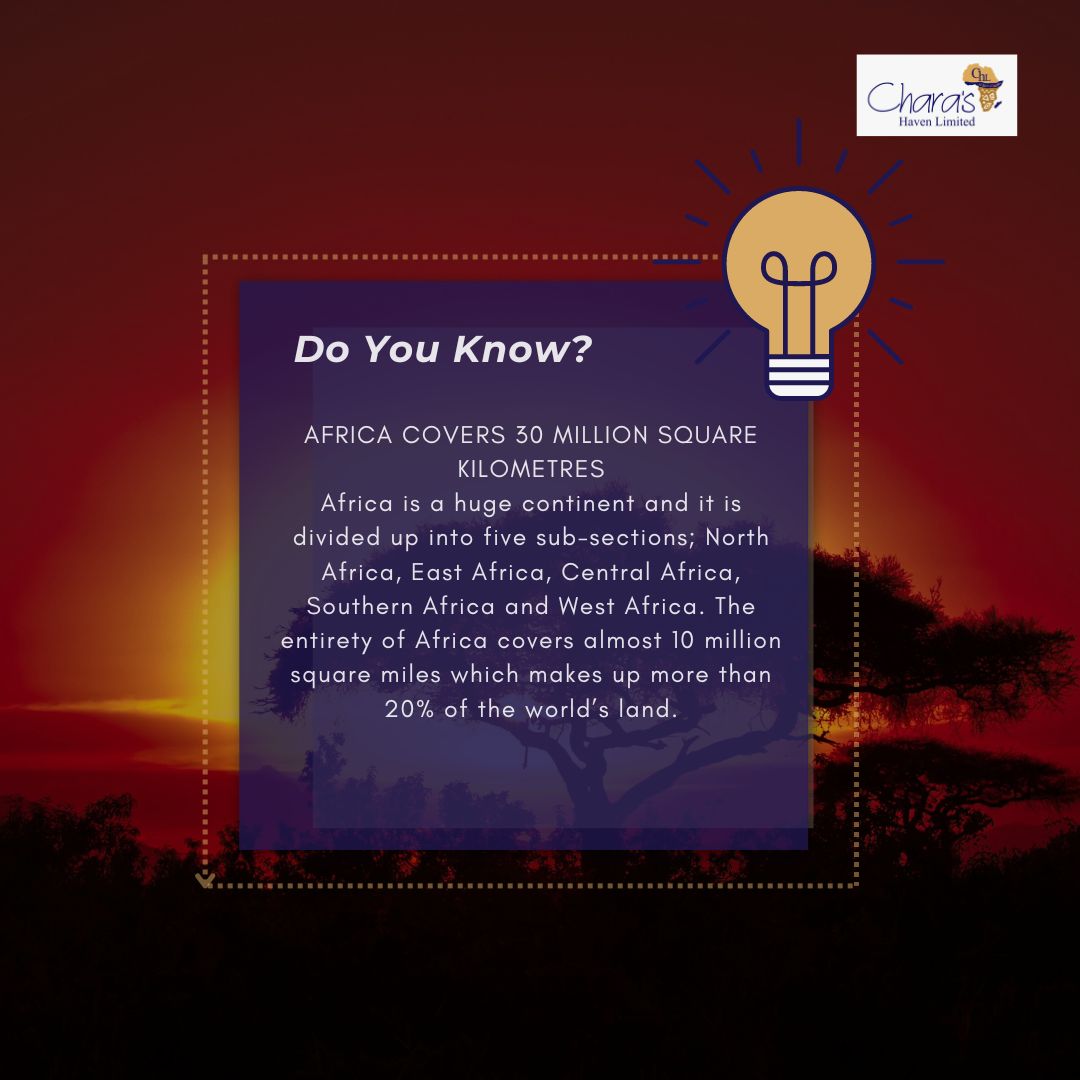 Do you know that AFRICA COVERS 30 MILLION SQUARE KILOMETRES?

Africa is a huge continent that covers almost 10 million square miles and makes up more than 20% of the world’s land.

#DYK
#CHLAfrica
#LearnAfrica
#History
#Friday