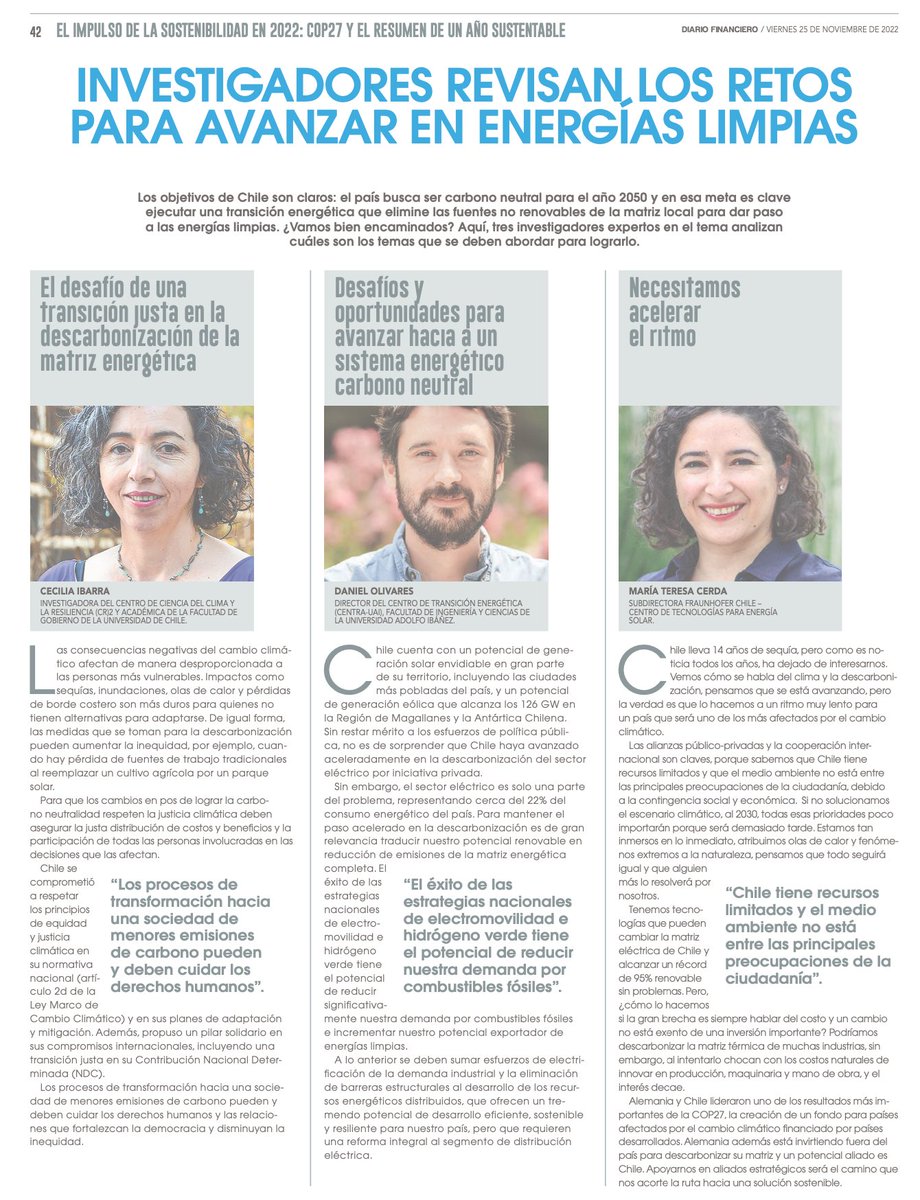 [Columna de opinión]📰 En su edición especial de hoy <a href="/DFinanciero/">Diario Financiero</a> publica columna de opinión de nuestra Subdirectora, María Teresa Cerda (<a href="/mc_energiaCSP/">Maria T Cerda</a>), quien reflexiona sobre la necesidad de acelerar el ritmo del proceso de descarbonización nacional.
➡️ bit.ly/3i6K00R