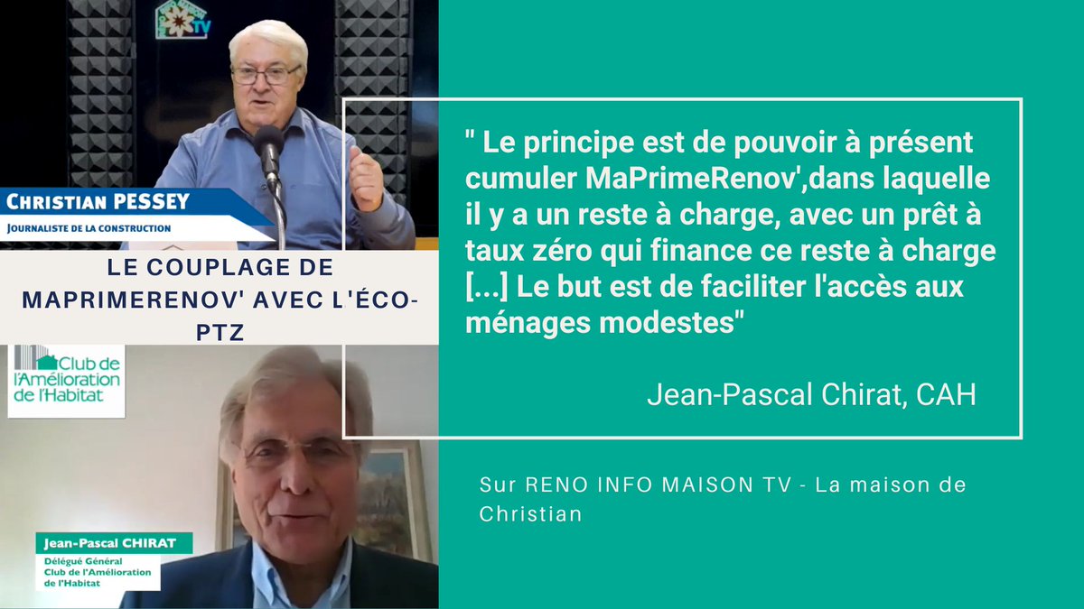 <a href="/JPCHIRAT/">Jean-Pascal CHIRAT</a> nous explique le couplage de #maprimerenov avec l'éco-PTZ sur <a href="/Renoinfomaison/">réno-info-maison</a>  pour l'émission La Maison de Christian présentée par Christian Pessey.
Retrouvez l'intégralité de son intervention ici : bit.ly/3U7EA3d