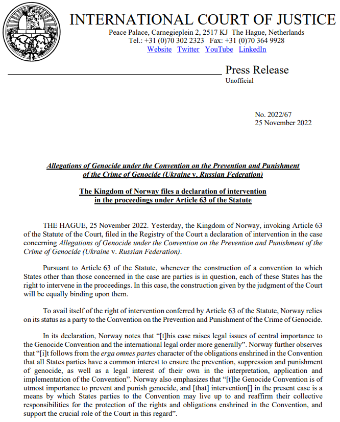 CIJ_ICJ's tweet photo. PRESS RELEASE: #Norway files a declaration of intervention under Article 63 of the #ICJ Statute in the case concerning Allegations of Genocide under the Convention on the Prevention and Punishment of the Crime of Genocide (#Ukraine v. #Russia) https://t.co/AM5TGWGvEb https://t.co/SLMKIMt7US