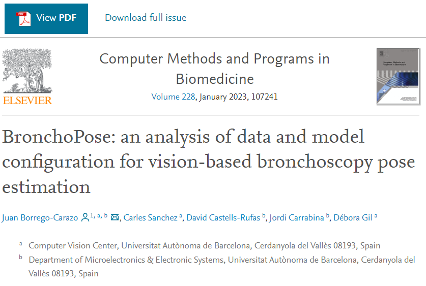 CVC_UAB's tweet photo. New #CVCpaper published in #ComputerMethods &amp; Programs in Biomedicine!🎉

📄An analysis of data &amp; model configuration for vision-based #bronchoscopy pose estimation👉by #CVCresearchers Juan Borrego, Carles Sanchez &amp; Débora Gil. Congrats!👏

🔎Free download
https://t.co/J7eSM19BWW https://t.co/S3n2NhSdHL