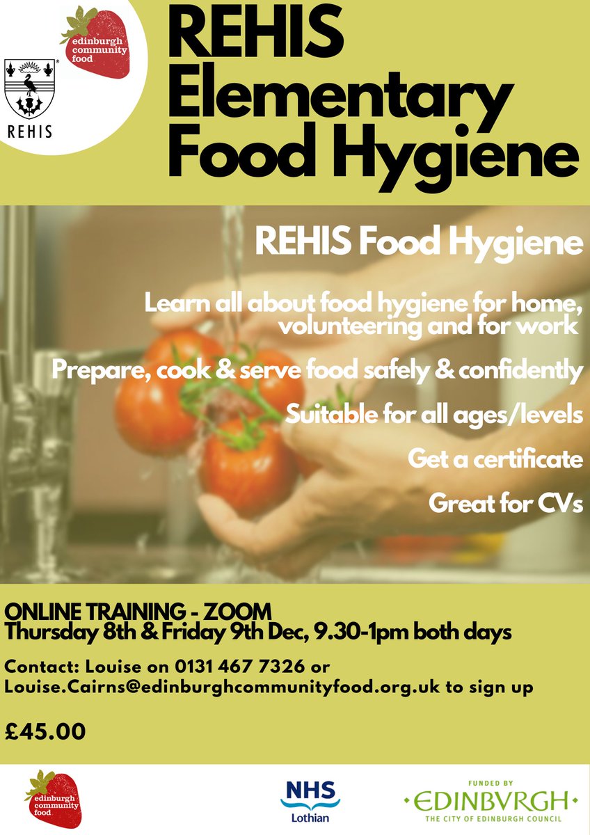 Do you handle food as part of your role? “I also learned a lot, which I have been applying not only at work but at home too”. Join our #REHIS Food Hygiene training course on 7th &amp; 8th Dec. Book your place here: bit.ly/3FEh2iP 👩🏼‍🍳 #FoodHygiene <a href="/EdinComCafeNet/">Ednburgh Community Cafe Network</a>