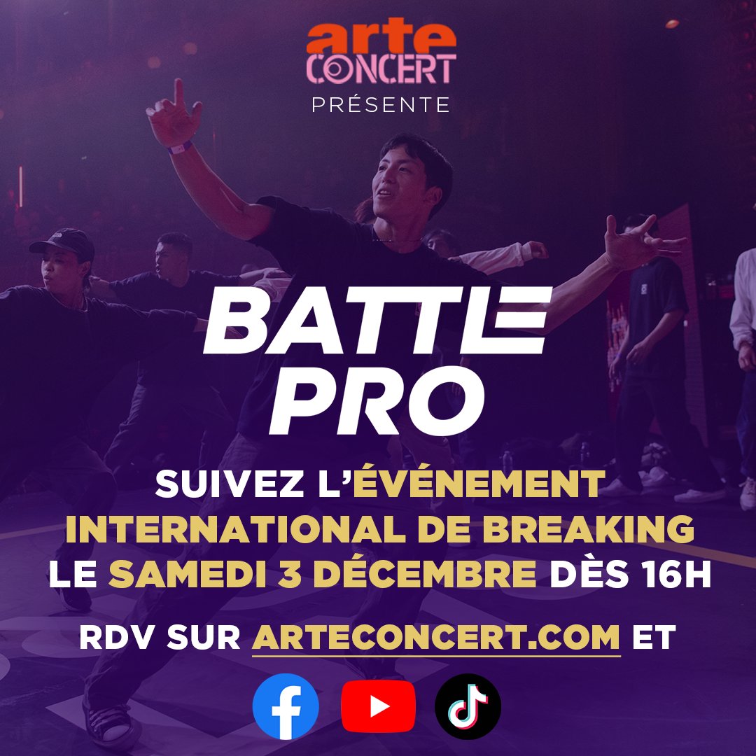 Vivez la compétition internationale de breakdance Battle Pro Series ! 🕺 <a href="/BattleProEvent/">Battle Pro</a>

B-Boys and Girls s'affrontent depuis le Dôme de Paris, en direct sur les comptes Youtube et Facebook d'ARTE Concert, arteconcert.com et le compte TikTok ARTEfr... Alors, on danse ?