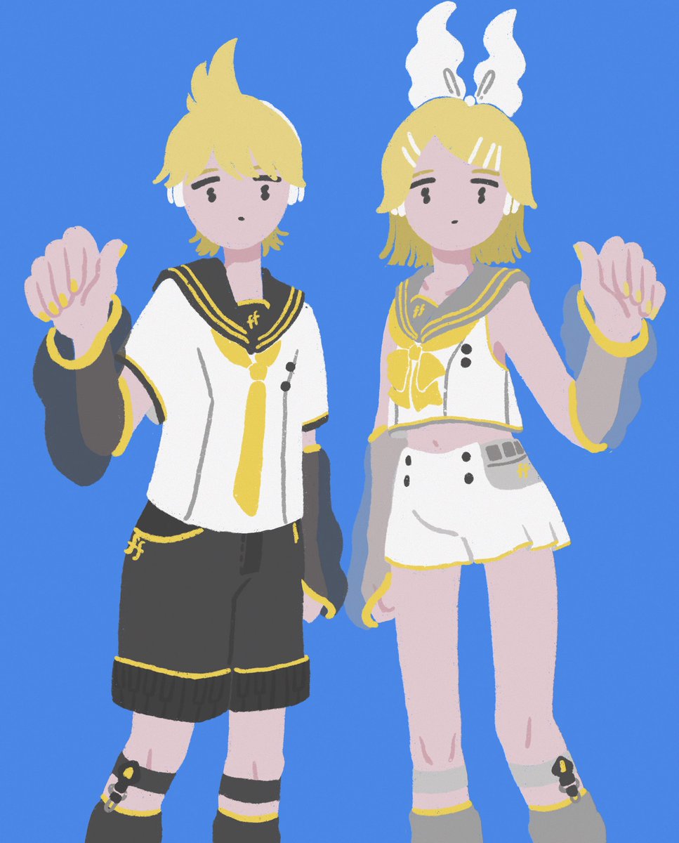 kagamine len ,kagamine rin 1girl 1boy shorts blonde hair sailor collar yellow necktie shirt  illustration images