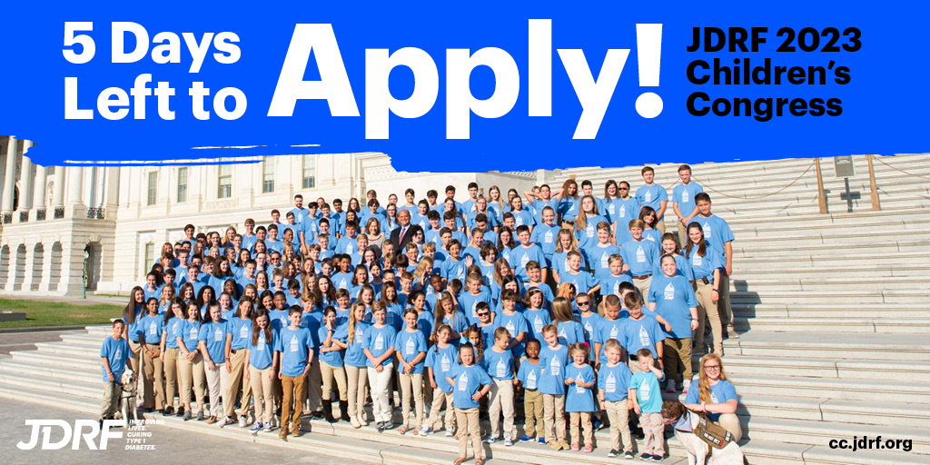 Have you been meaning to submit an application for JDRF 2023 Children's Congress? Well the time is NOW with just FIVE days left before applications close November 30! Those with #T1D passionate about driving JDRF's mission and who will be between ages 4 and 17 next summer, (1/2)