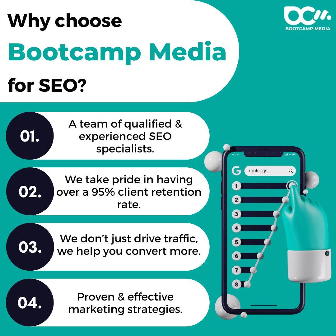 We perform Search Engine Optimisation ethically and by using the latest best practices and tools 📈 

You’ll have a much stronger chance of gaining better search engine rankings and retaining them, thus putting you ahead of your competitors 🖥️ 

bootcampmedia.co.uk