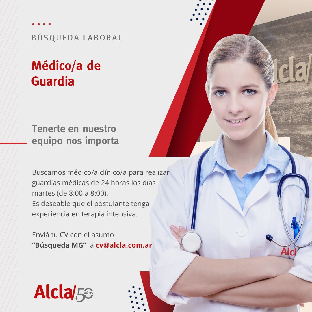 ClinicaAlcla's tweet photo. 👉 Enviá tu CV con el asunto "Búsqueda MG" a cv@alcla.com.ar

Tenerte en nuestro equipo nos importa.

#Búsqueda #CV #MédicoGuardia #50AñosDeExcelenciaMédica #Alcla50Años #RehabilitaciónIntegral #RehabilitaciónNeurológica https://t.co/esZoLw36Wy