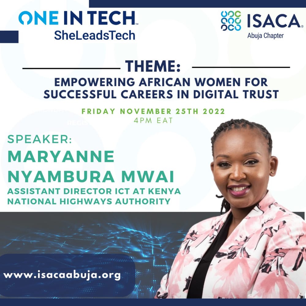 MjengoKE's tweet photo. The Theme of the #IsacaAbujaChapter is Empowering African Women for a successful career in digital trust.
#SheLeadsTech
Maryane Nyambura Mwai m https://t.co/ZGN22mIHtu