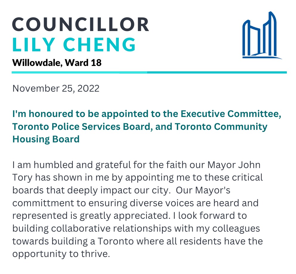 I'm honoured to be be appointed to the Executive Committee, Toronto Police Services Board, and Toronto Community Housing Board. #topoli #torontocitycouncil