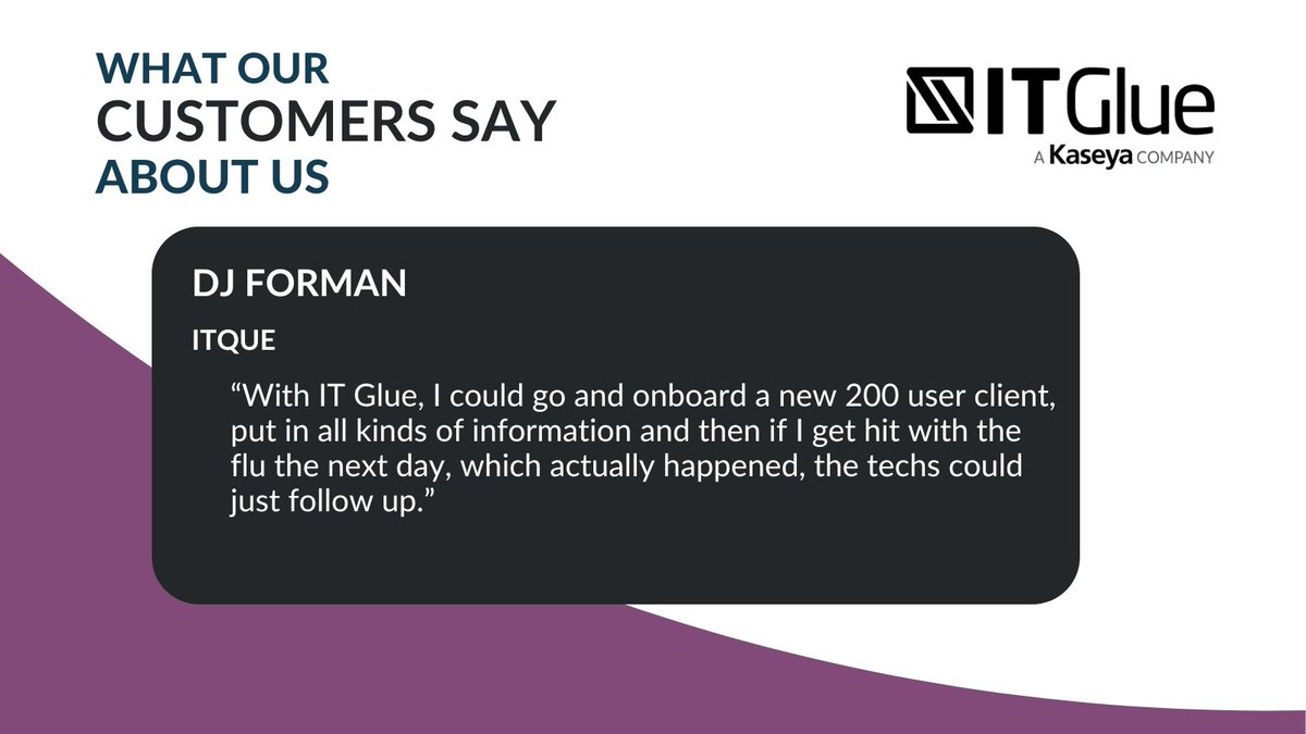 itglue's tweet photo. Even something like the flu can't stop @ITqueInc's Chief Technical Officer, DJ Forman and other techs from accessing information 24/7.
Learn more about their story: https://t.co/Un54EGGjbN
#Documentation #ITDocumentation #CaseStudy https://t.co/0zW7sPk7aB
