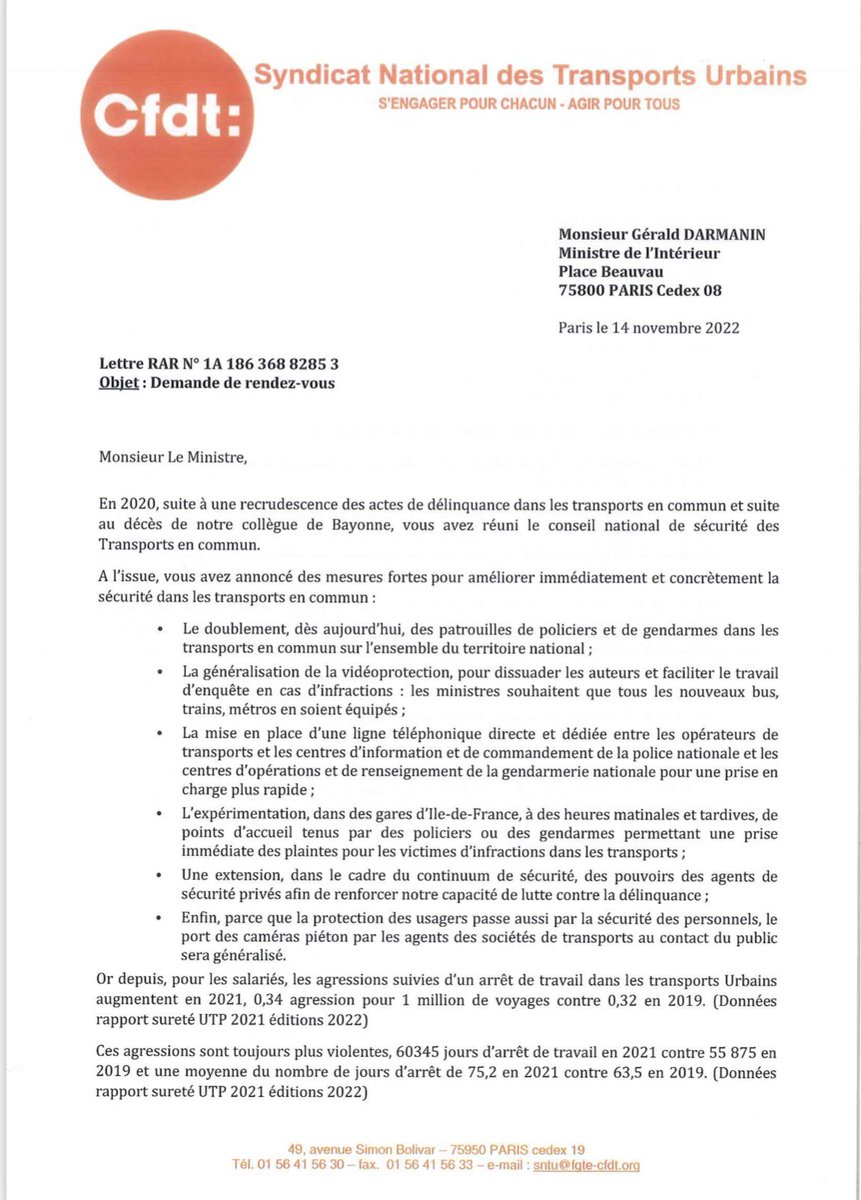 CFDT_FGTE's tweet photo. [🚨Protection des agents]
Face à la dérive des agressions physiques contre des salariés des transports publics,la #CFDT #SNTU agit❗️
Après avoir écrit @GDarmanin @Interieur_Gouv le 14 novembre la #CFDT obtient 1 protection renforcée des agents par le doublement des effectifs 👮‍♀️👮 https://t.co/8i0UFCTR2a
