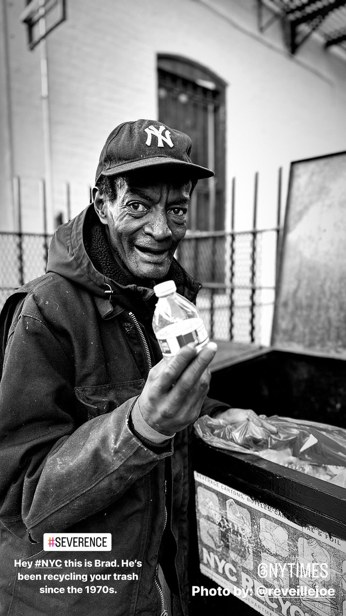 Hey <a href="/nytimes/">The New York Times</a>. This is Brad. He’s been ungloved &amp; hand-sorting your garbage since the 1970s. 

Plastic bottle deposit = $.05. 
Self-collected bottles/day = ~1200
Daily revenue = ~$60.00
#Severance #DoBetter #HelpBRAD