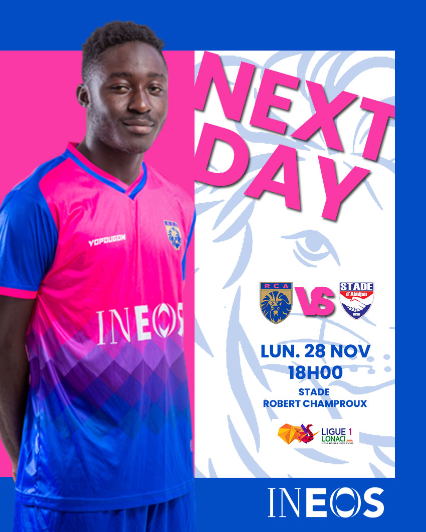 ClubAbidjan's tweet photo. NEXT DAY
🆚Stade d'Abidjan
Lundi 28 novembre - 18h
Stade Robert Champroux

#AllezLesLions
#RCASA https://t.co/t9tg4XmxCE