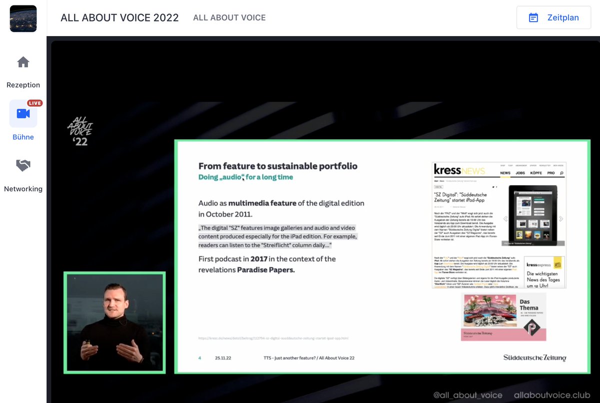 .<a href="/digitalattacke/">Oliver Neumann</a> speaking on the history and future of <a href="/SZ/">Süddeutsche Zeitung</a> newspaper with #audio and #voice 🗣️ Join here: hopin.com/events/all-abo… #AAV22 #AAVClub