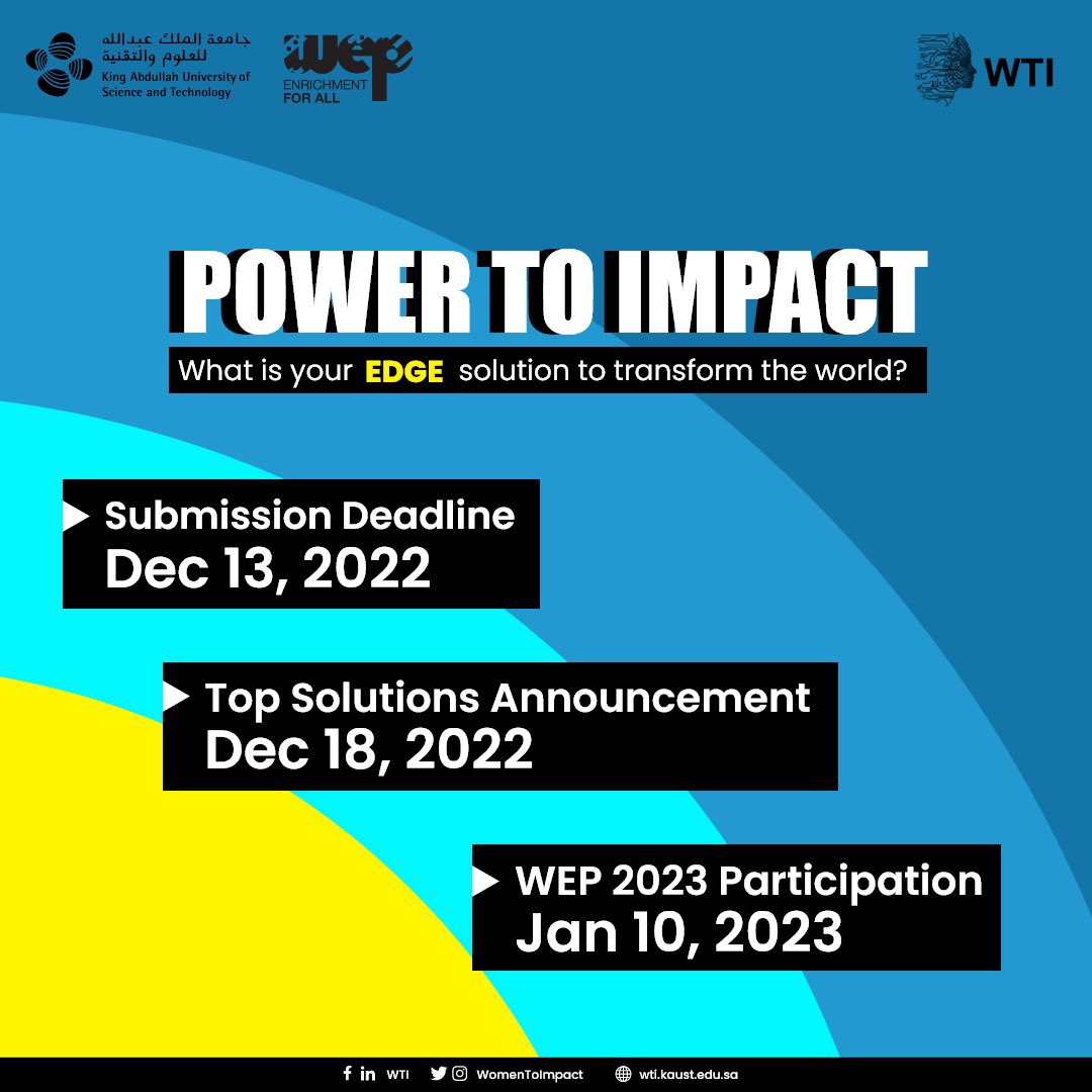 WomenToImpact's tweet photo. Don’t miss the opportunity to participate in this challenge 💡! 

You have the Power to Impact! What would be your #EDGE solution to transform the world 🌍? Submit your idea now and get a chance to participate in #KAUST #WEP2023.

➡️ For details: https://t.co/Kx7WDF6op6 https://t.co/Qk6QN1y8yW