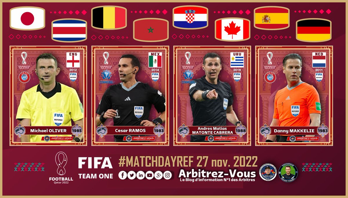 ArbitrezVous's tweet photo. 🌐 #FIFA #FIFAWorldCup #Qatar2022
Au programme de ce dimanche 27 novembre 2022 #MATCHDAYREF
#JPNCRC #BELMAR #CROCAN #ESPGER
@ArbitresSAFE @FFF @lequipe @deux_zero @Law5_TheRef @fifacom_fr @fifaworldcup_fr @roadtoWC2026 @FIFAWorldCup @dutchreferee @FARefereeing https://t.co/uD83WPtiNG