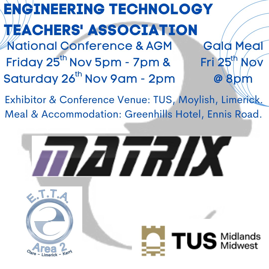 Area 2 ETTA (@area2etta) on Twitter photo We are delighted to have <a href="/MatrixTSL/">Matrix TSL</a> on board for <a href="/ettaireland/">The E.T.T.A</a> National Conference and AGM. Make sure to visit their stand on The Street in <a href="/TUS_Midwest/">Technological University of the Shannon: Midwest</a> Moylish, Limerick, and check out matrixtsl.com We are delighted to have <a href="/MatrixTSL/">Matrix TSL</a> on board for <a href="/ettaireland/">The E.T.T.A</a> National Conference and AGM. Make sure to visit their stand on The Street in <a href="/TUS_Midwest/">Technological University of the Shannon: Midwest</a> Moylish, Limerick, and check out matrixtsl.com